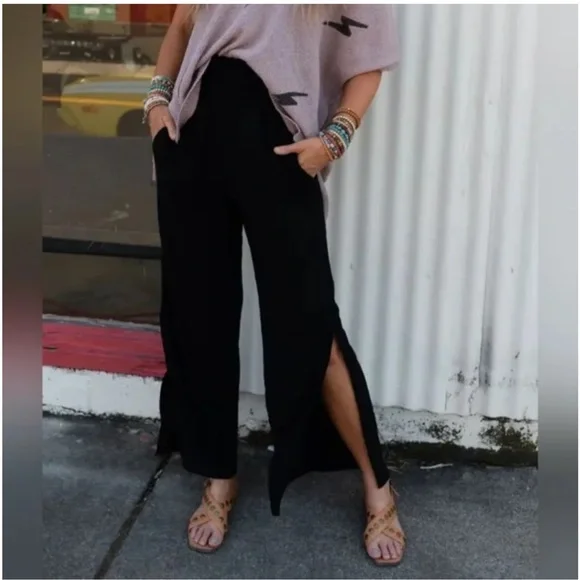 Three Bird Nest Dani Slit Wide Leg Pant Size Large Black Elastic Waistband Flowy - Picture 1 of 13